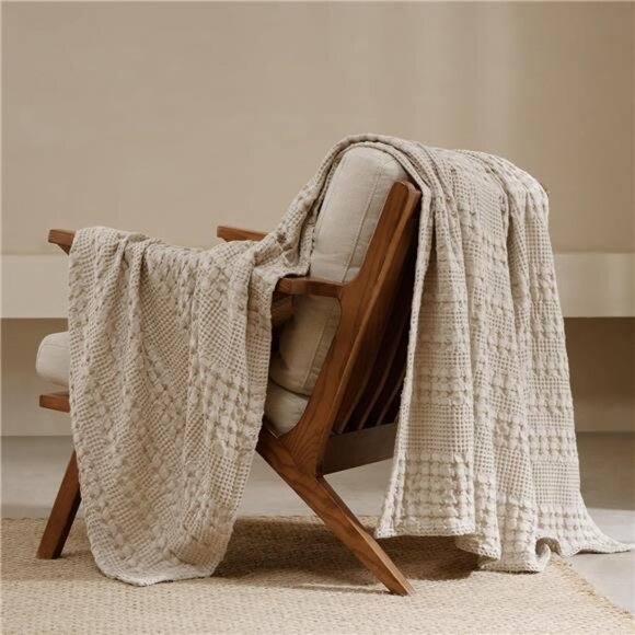 100% Cotton Waffle Weave Throw Blanket, Soft Lightweight Breathable Cozy - Picture 1 of 7